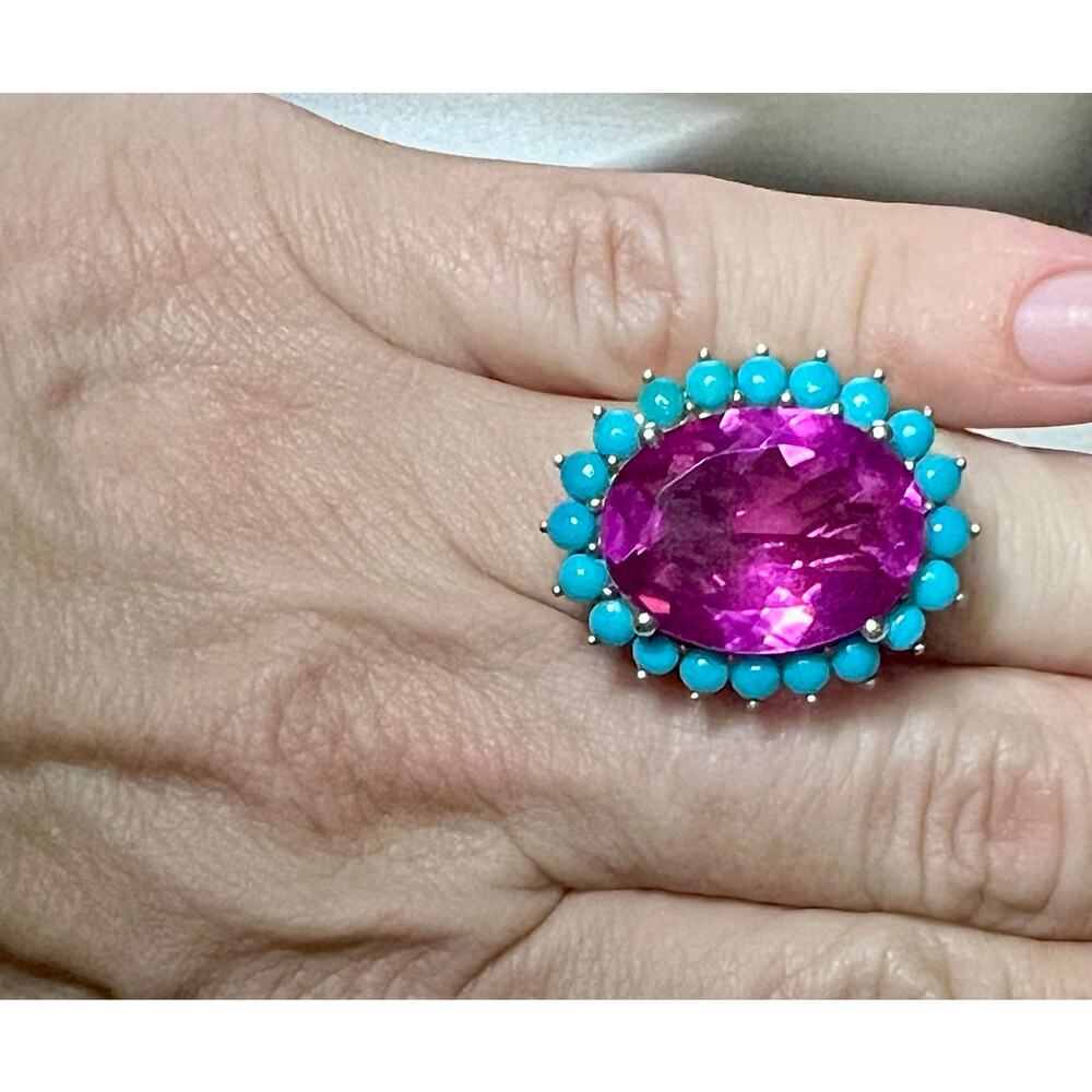 Pink Topaz & Sleeping Beauty Turquoise Halo Ring 925 Silver Sz 7 - Picture 3 of 7
